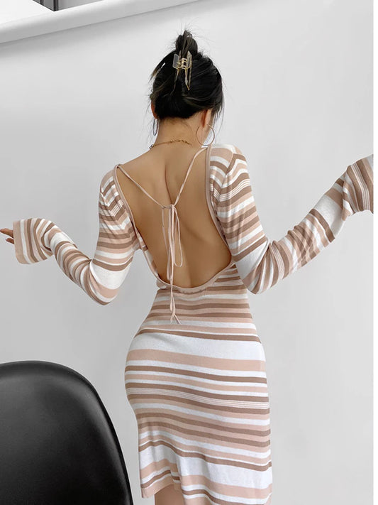 Backless Lace Up Stretchable Slim Women's Dress with Striped Knitted Flare Sleeves